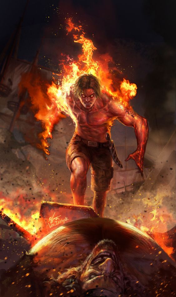 A male human on fire, his eyes full of rage.