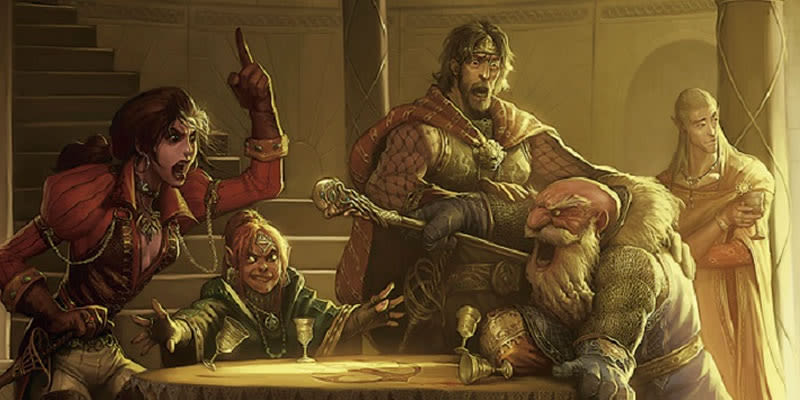 An elf observes an arguing party in a tavern.
