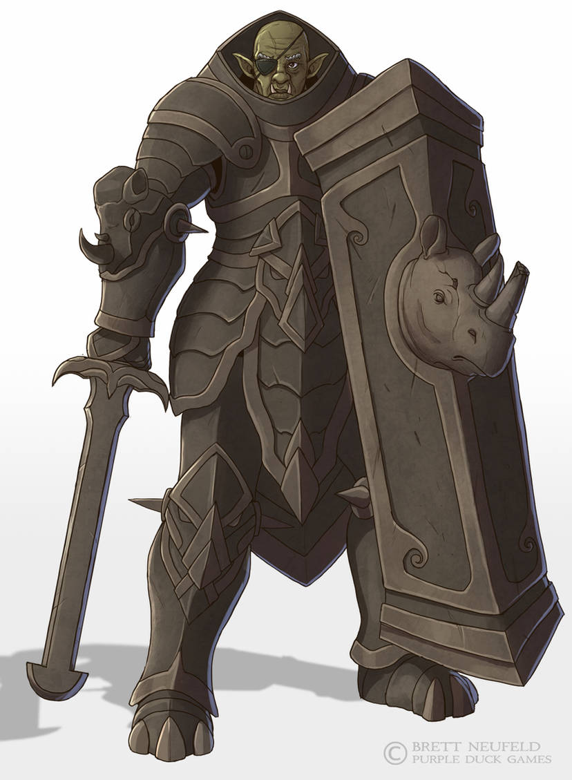 A male orc clad head to toe in heavy armor.