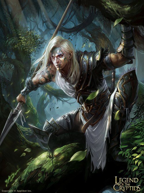 A male wood elf carrying a spear hunting his prey in the forest.