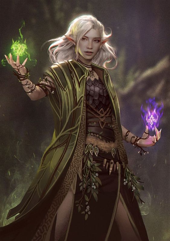 A female wood elf casts fey magic.
