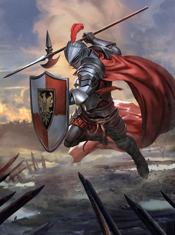 A male human fighter wielding a spear and a shield.