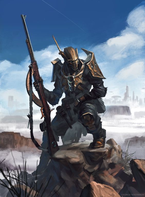 A warforged gunslinger fighter sits on a mountain with his rifle.