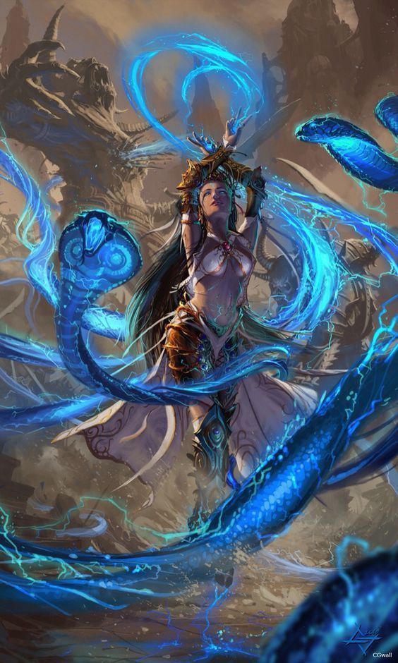 A female human druid conjures blue snakes.