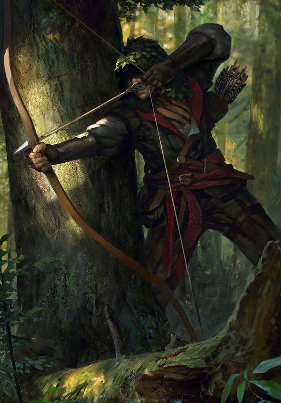 A human ranger stealthily hides in a forest taking aim at his target with his longbow.