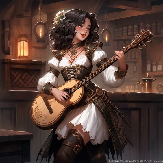 A female human bard shows off her music skills.
