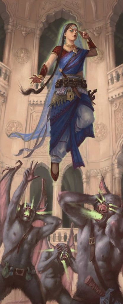 A female human sorcerer uses her telepathic powers to intimidate gargoyles.