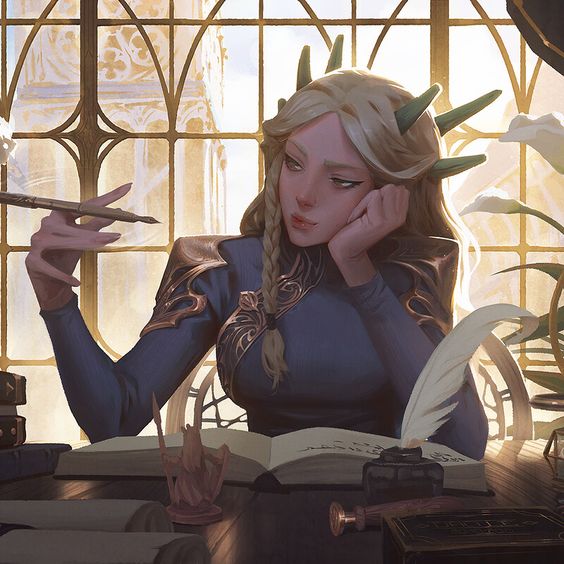 Elven scholar studying ancient texts in a sunlit library with quill and ink.