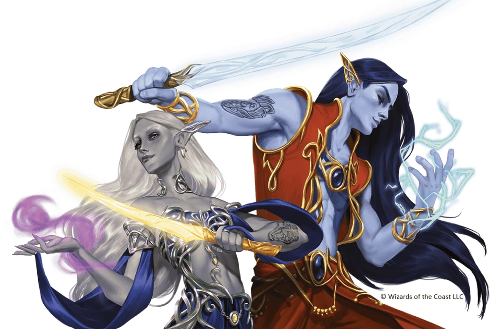 Elven bladesingers wielding magic swords with arcane runes in a fantasy illustration.