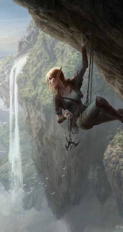 Athlete feat displayed by an agile elf scaling a sheer cliff beside a waterfall, showcasing the strength and dexterity needed for athletic endeavors in fantasy settings.