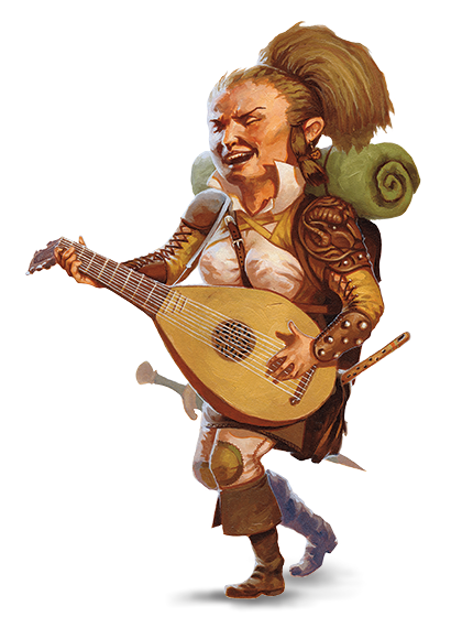 Bountiful Luck feat characterized by a joyous bard strumming a lute, their ecstatic expression and lively stance exemplifying the luck and cheer they bring to their companions.