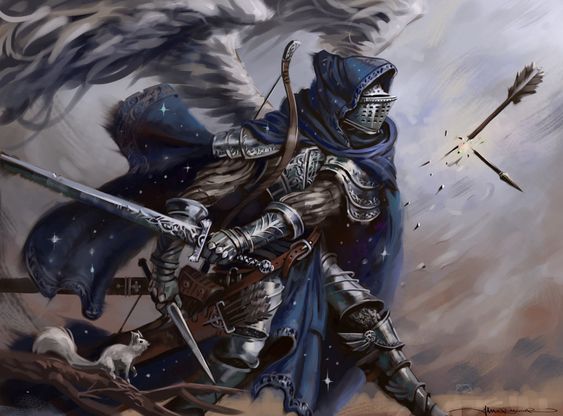 Defensive Duelist feat illustrated by a knight in starry armor warding off a magical attack, epitomizing the strategic defense and protection skills vital in D&D.
