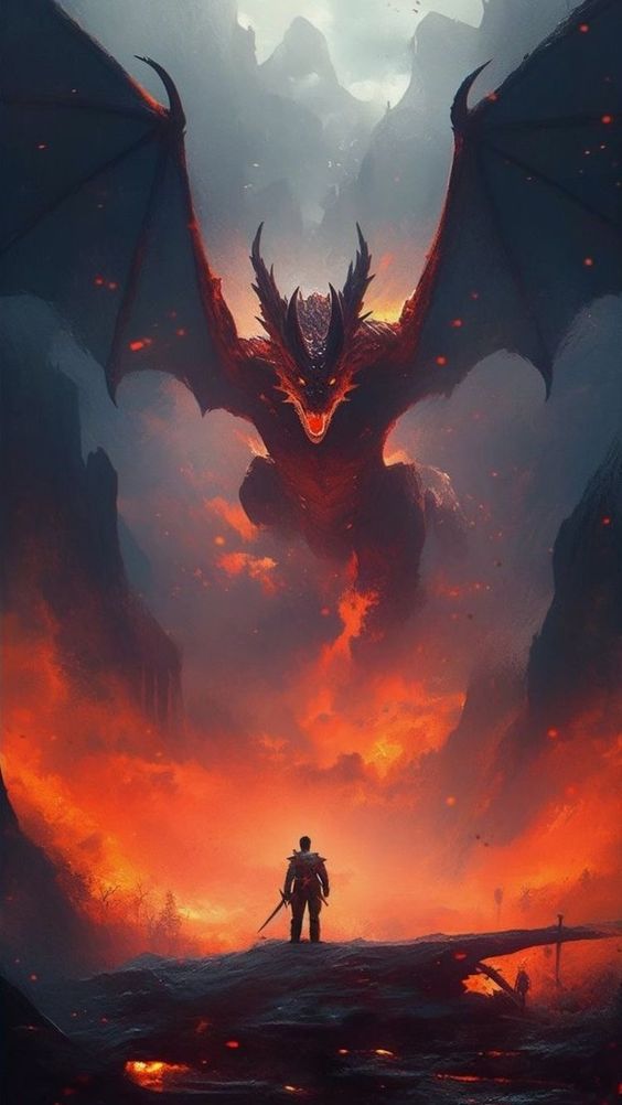 Heroic figure confronting a fiery dragon in a volcanic landscape.
