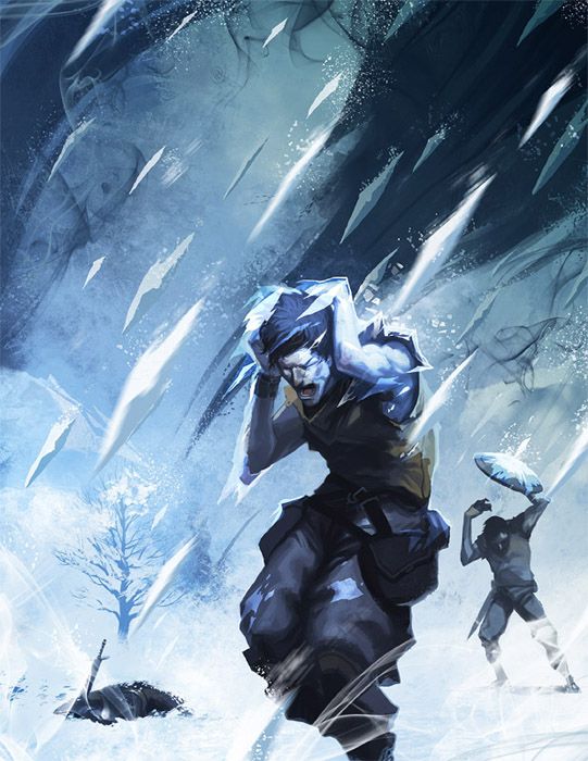 Elemental Adept feat represented by a fierce combatant wielding icy powers, their expression intense as they summon a blizzard, demonstrating mastery over elemental forces.