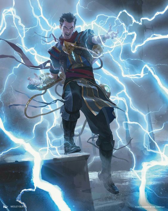 Elemental Adept feat shown by a spellcaster channeling lightning, standing atop a pedestal amidst a storm, evoking the raw power of elemental magic in D&D.