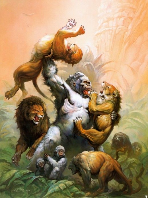 Dynamic depiction of a fierce battle between a gorilla and a group of lions, symbolizing the Grappler feat's close-combat prowess and control in D&D.