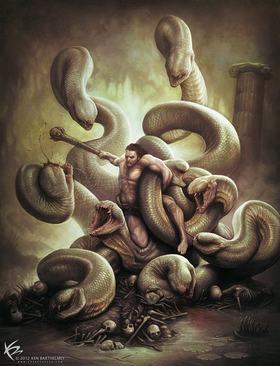 Mythical scene of a man fighting off a swarm of giant serpents, encapsulating the struggle and physical might exemplified by the Grappler feat.