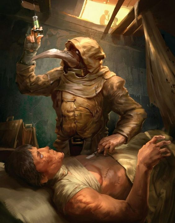 Healer feat visualized through an image of a plague doctor administering treatment to a patient, evoking historical and fantasy medical practices for D&D settings.
