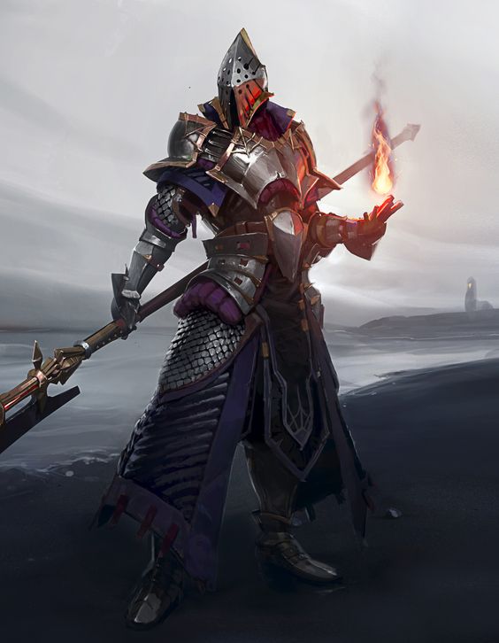 A menacing figure in heavy plate armor, brandishing a flaming staff, represents the formidable combination of offense and defense in the Heavily Armored feat.
