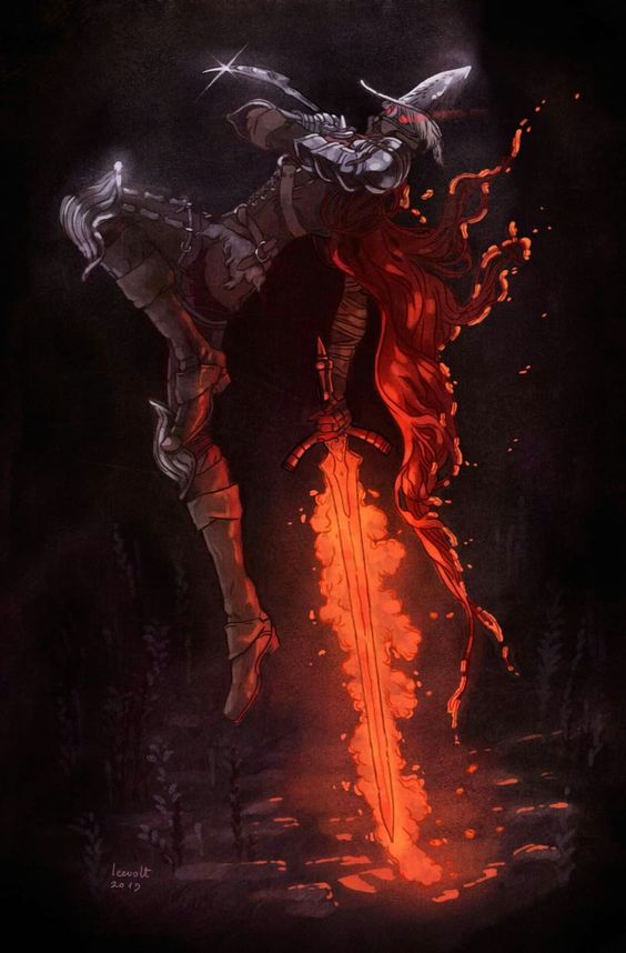 A fierce character brandishing a red-hot, glowing sword in a dark setting, cloaked in shadows, symbolizes the balance of mobility and defense of the Medium Armor Master.