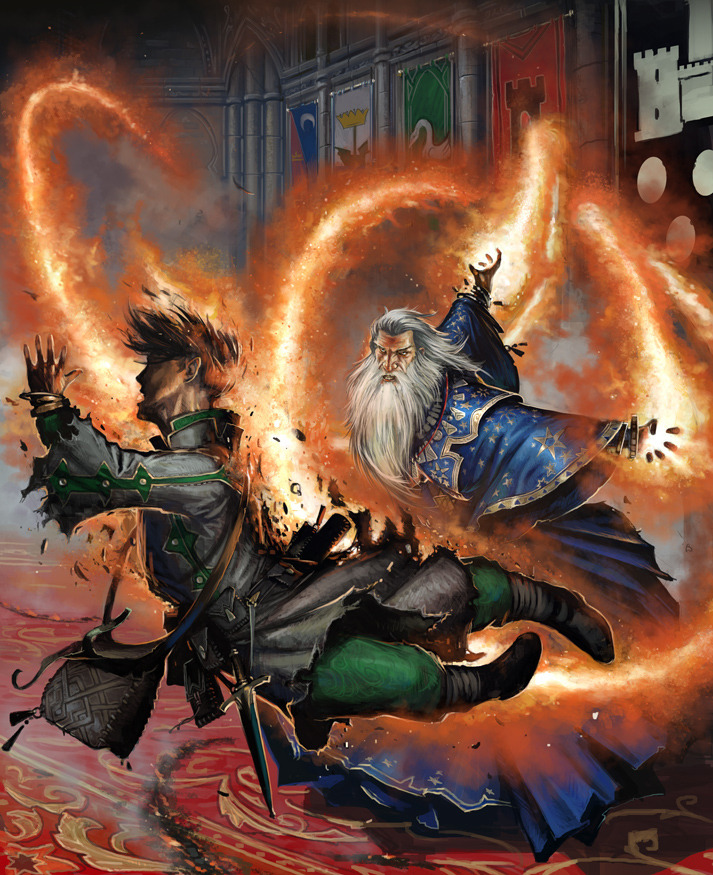 Wizard and rogue caught in a fierce magical explosion during a fantasy battle.