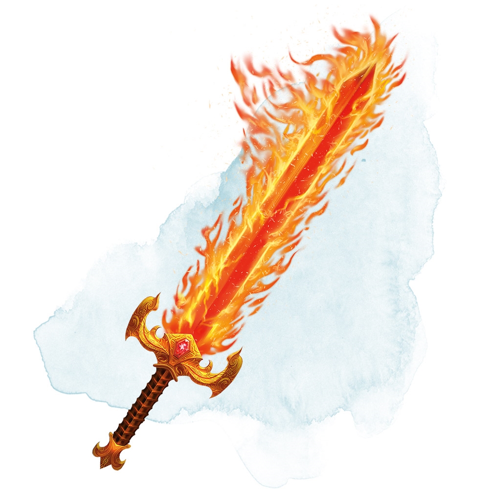 Weapon Master feat visualized as a fiery sword with ornate hilt, engulfed in flames, representing the expertise and elemental power a master of weapons might wield.