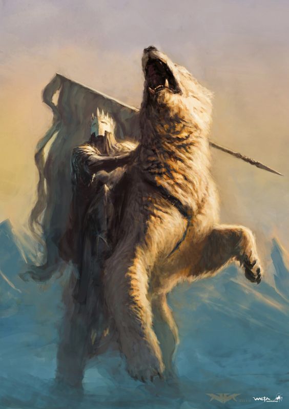 A powerful warrior astride a colossal bear rearing up on a snowy mountaintop, brandishing a spear for the Mounted Combatant feat guide in Dungeons & Dragons 5e.