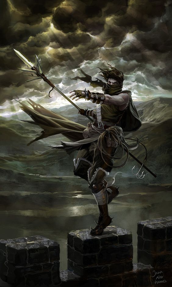 A cloaked rogue poised on ancient ruins under stormy skies, wielding a gleaming polearm, perfect for the Polearm Master feat in Dungeons & Dragons 5e.