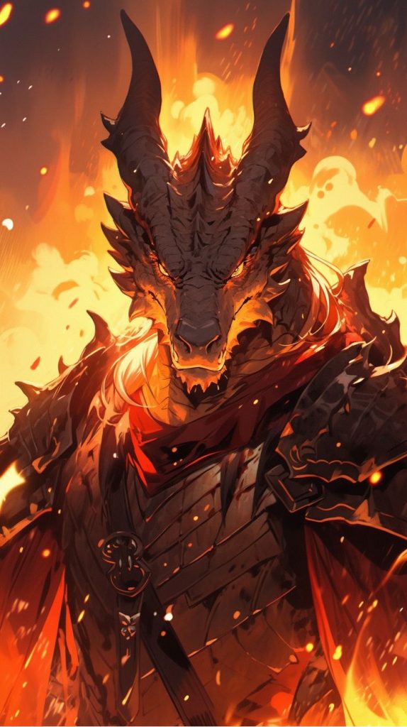 Fierce dragonborn with fiery breath poised for combat, epitomizing the Dragon Fear feat in D&D 5e.
