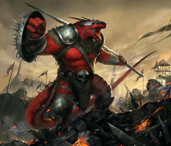 Red-scaled lizardfolk warrior roaring in battle, symbolizing the Dragon Hide feat from D&D 5e.