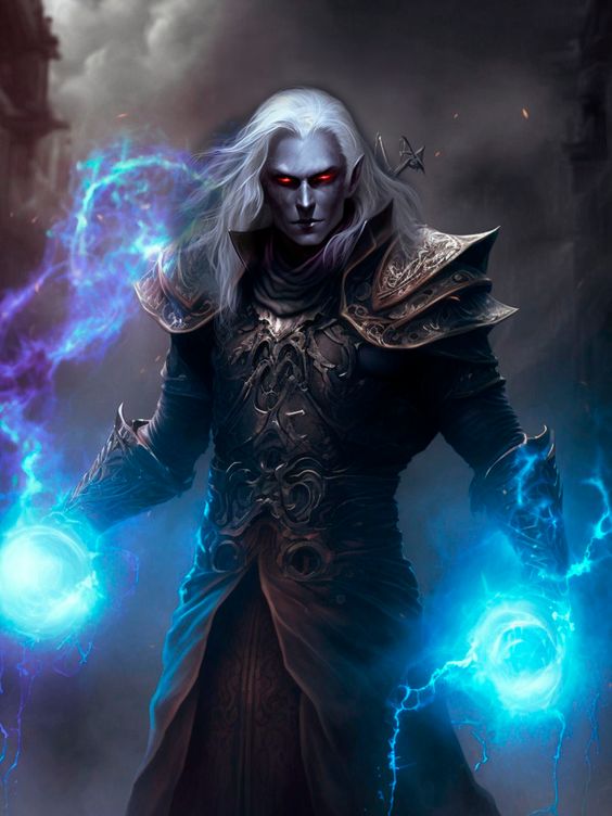 Pale-skinned drow wizard with glowing eyes casting high magic spells, inspired by the Drow High Magic feat in D&D 5e.