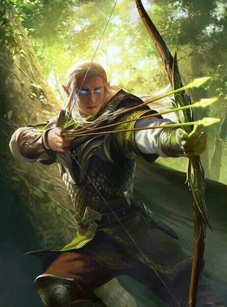 Elven archer with keen eyes aiming an enchanted bow, an illustration of the Elven Accuracy feat in Dungeons & Dragons 5e.