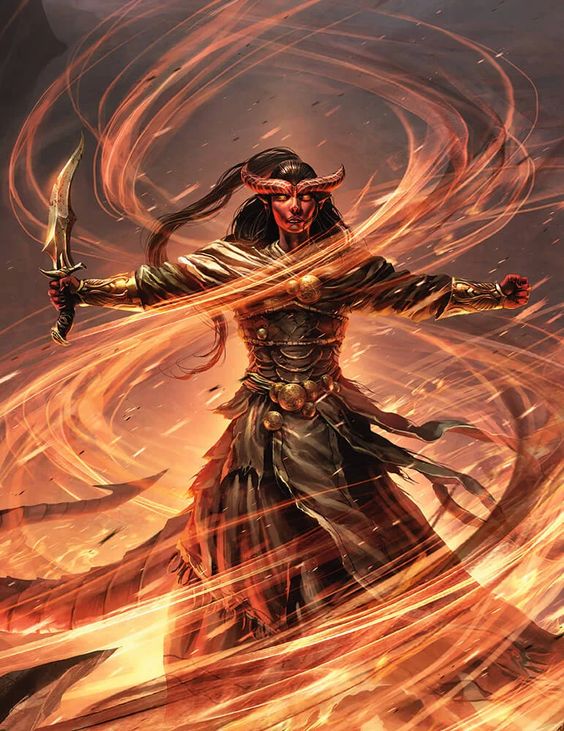 Tiefling sorceress casting a fiery spell, visualizing the Flames of Phlegethos feat in D&D 5e.