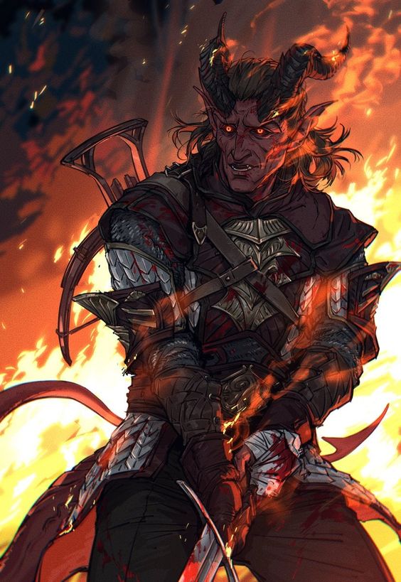 Fiendish warrior with blazing aura, embodying the Flames of Phlegethos feat in D&D 5e.